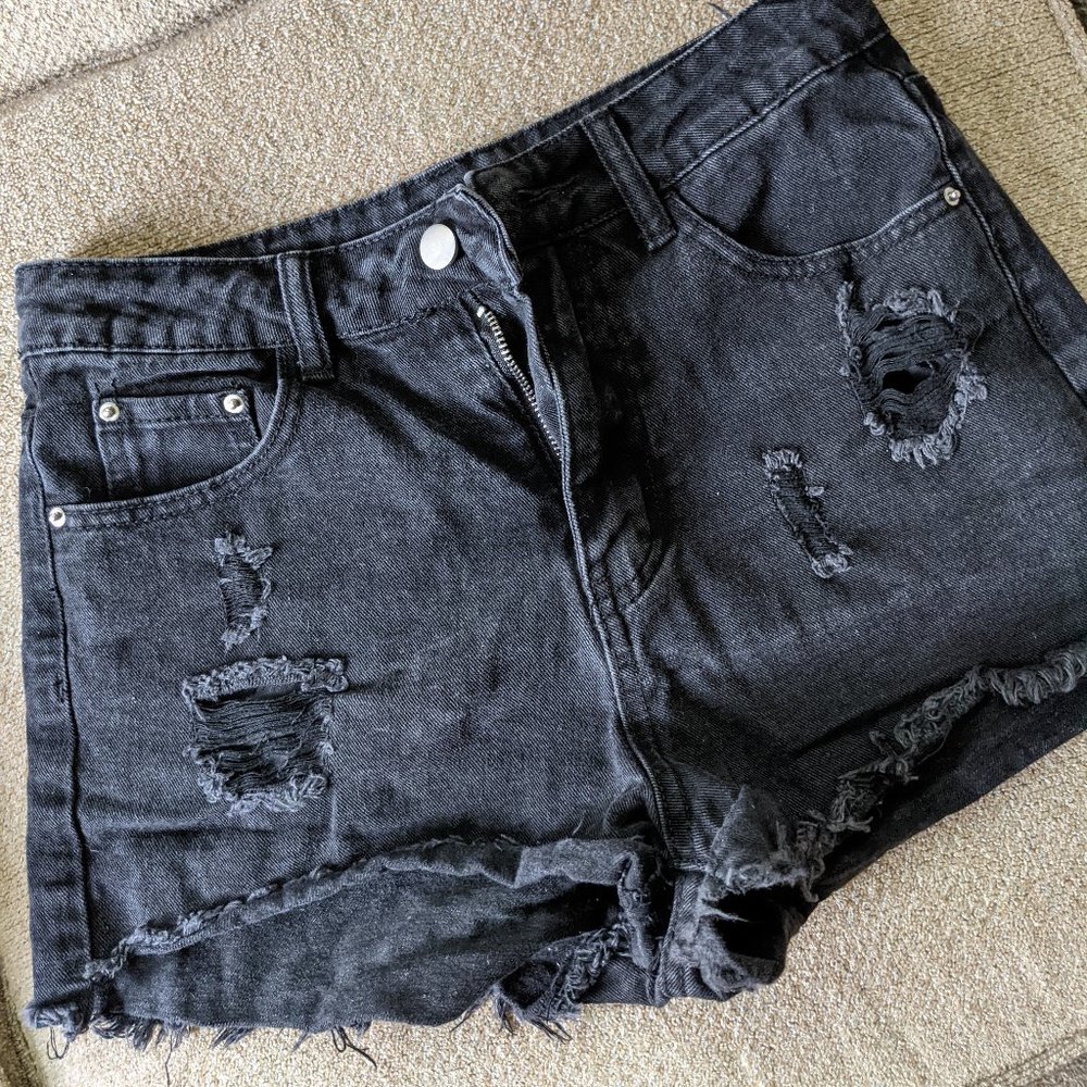 Black Ripped Destroyed Shorts - Small
